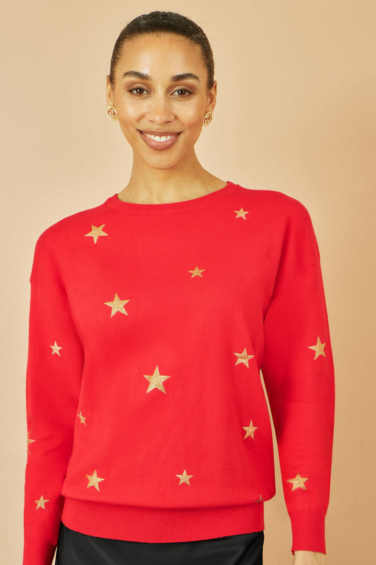 Yumi Red Gold Foil Star Print Relaxed Fit Jumper