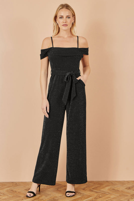 Yumi Black Sparkle Stretch Bardot Jumpsuit