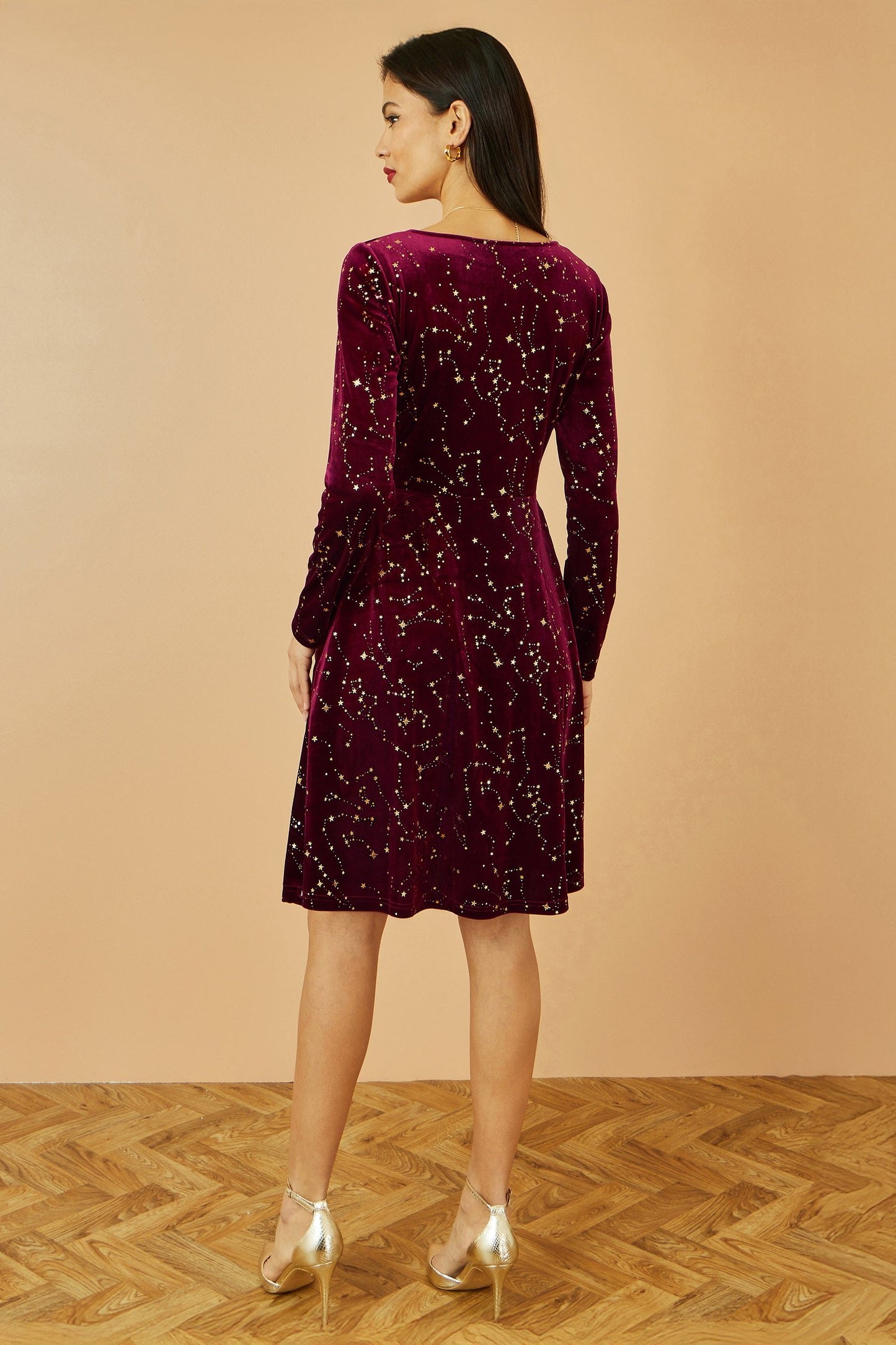 Yumi Burgundy Star Foil Print Long Sleeve Skater Dress