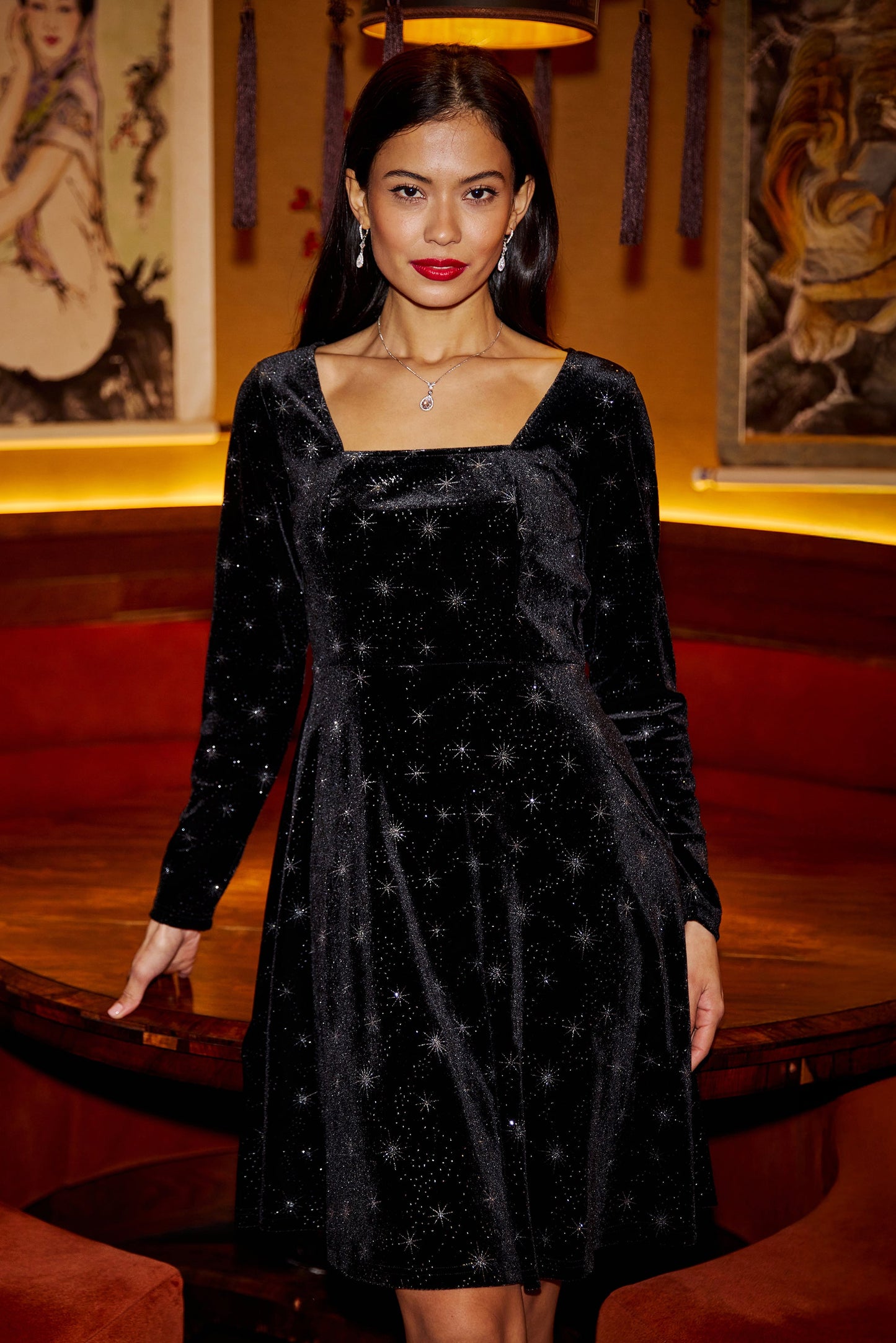 Yumi Black Starburst Foil Print Long Sleeve Skater Dress