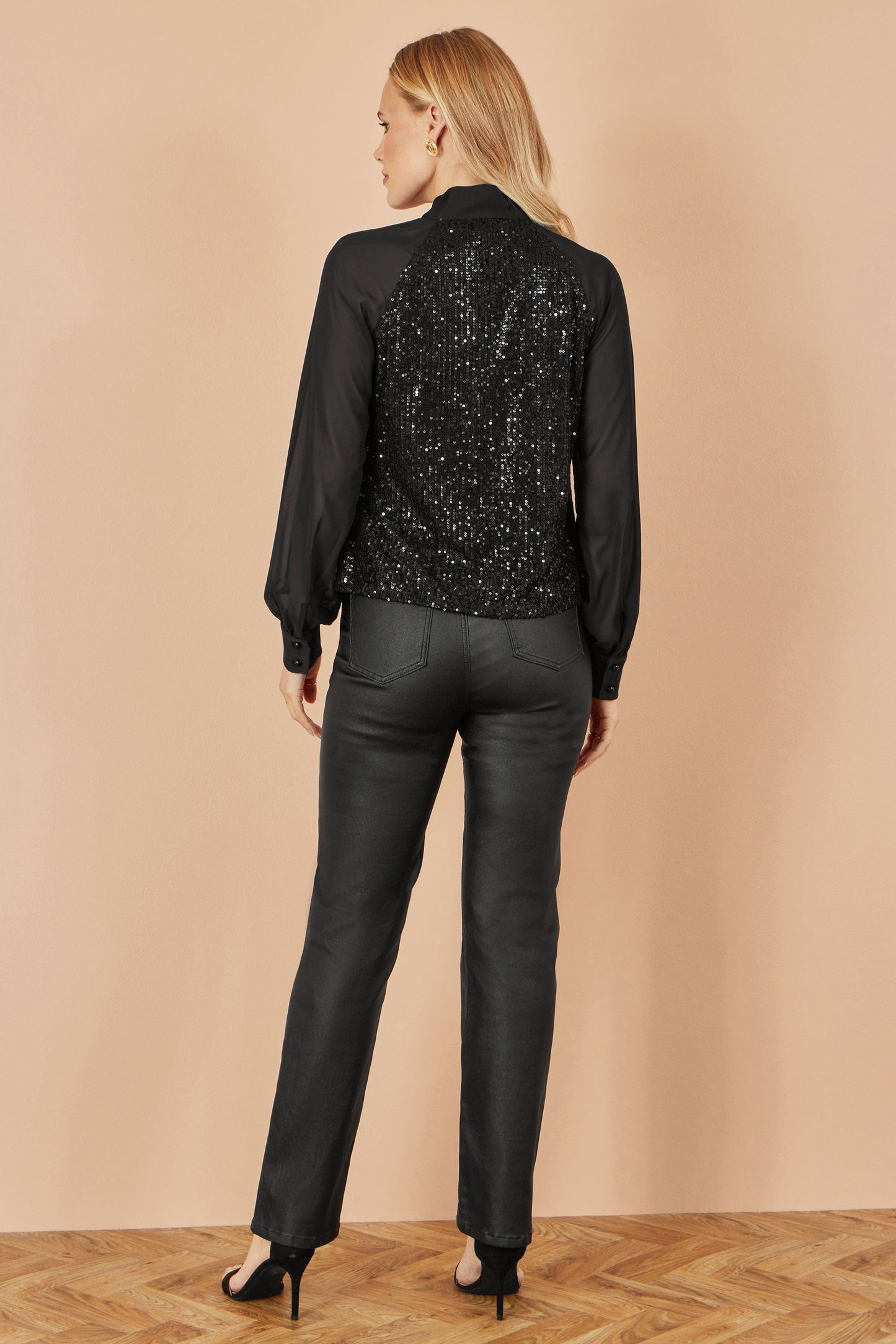 Yumi Black Sequin Pussy Bow Top