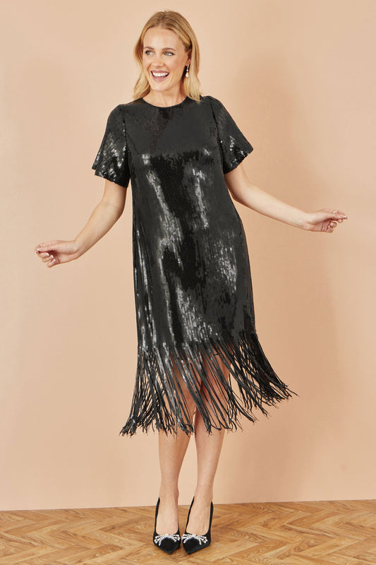 Yumi Black Sequin Tassels Hem Midi Tunic Dress