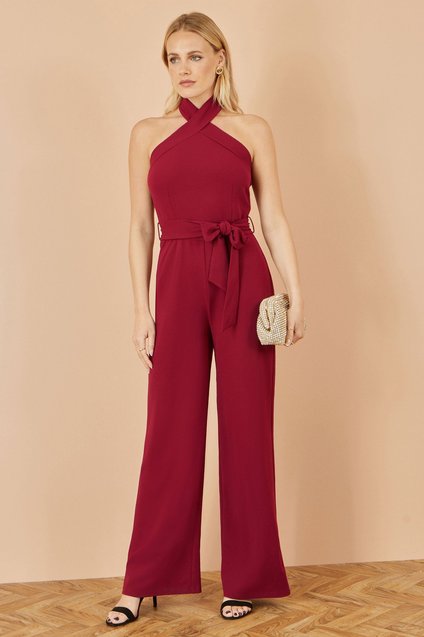 Yumi Burgundy Cross Over Halter Neck Jumpsuit