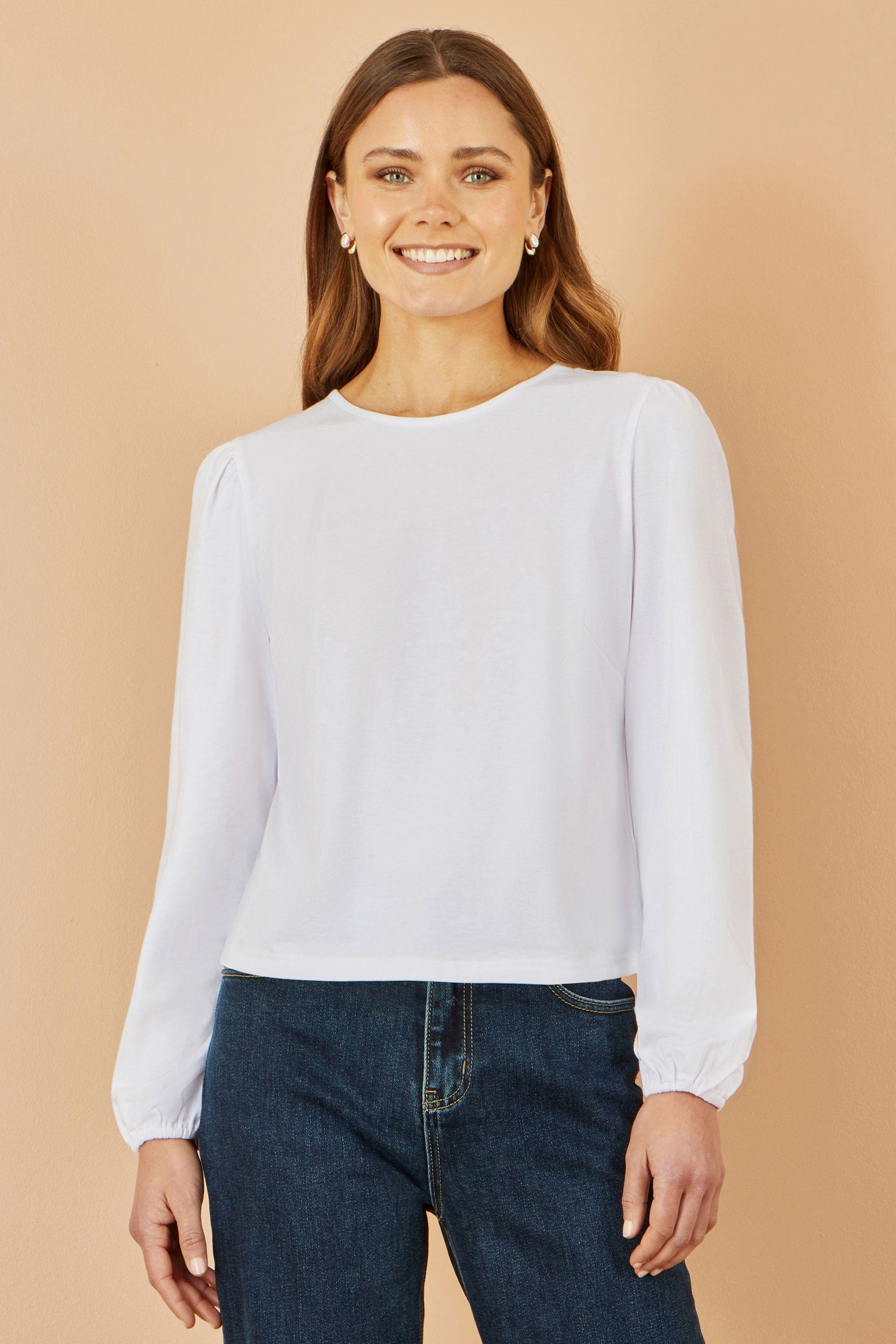 Yumi White Stretch Cotton Jersey Long Sleeve Top