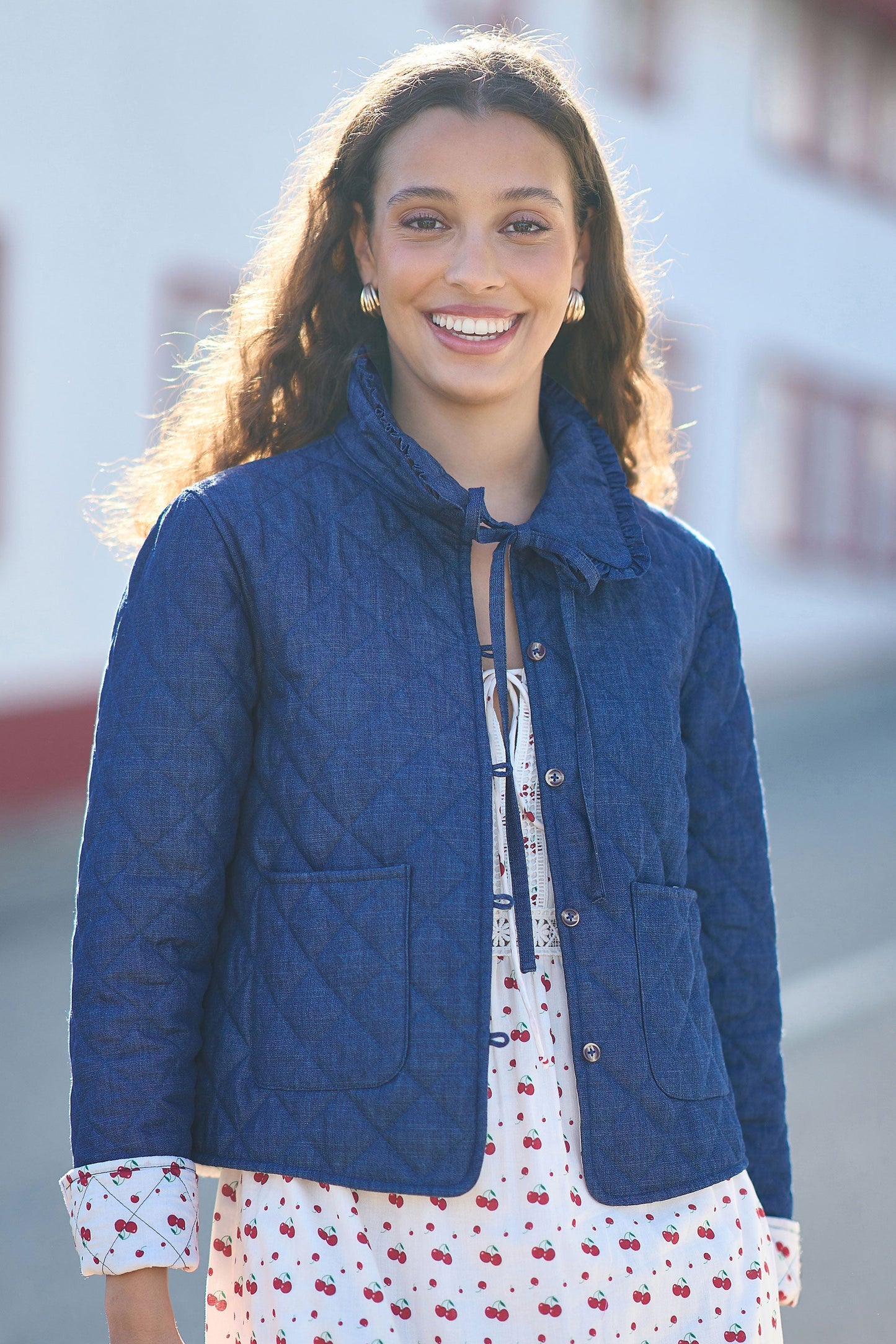 Yumi Blue Chambray Quilted Jacket With Cherry Lining