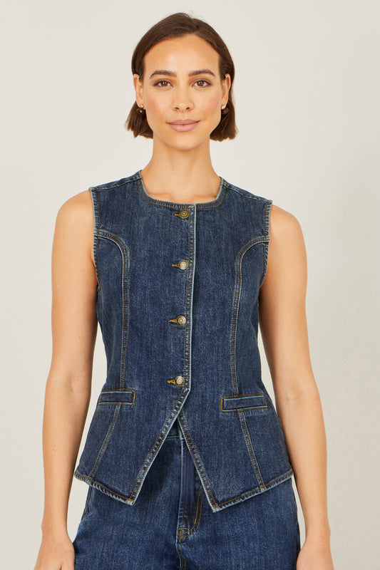 Yumi Blue Stretch Long Denim Waistcoat