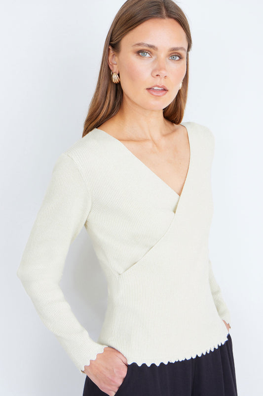 Yumi Ivory Metallic Thread Rib Wrap Knitted Top