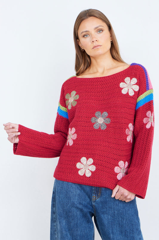 Yumi Red Crochet Flower Jumper