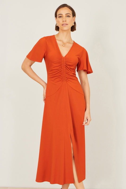 Yumi Orange Ruched Front Stretch Midi Dress