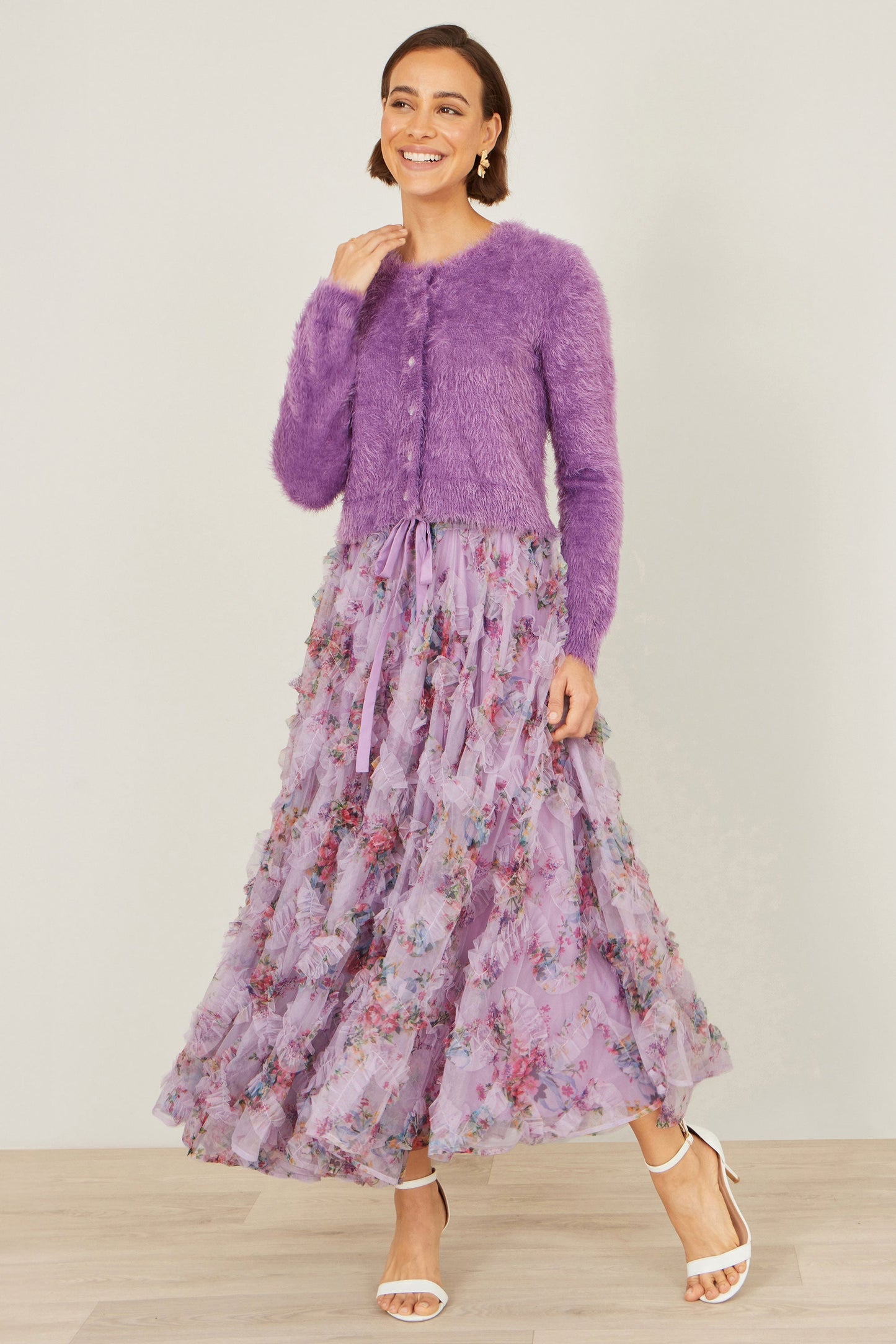 Yumi Lilac Floral Ruffle Mesh Midi Skirt