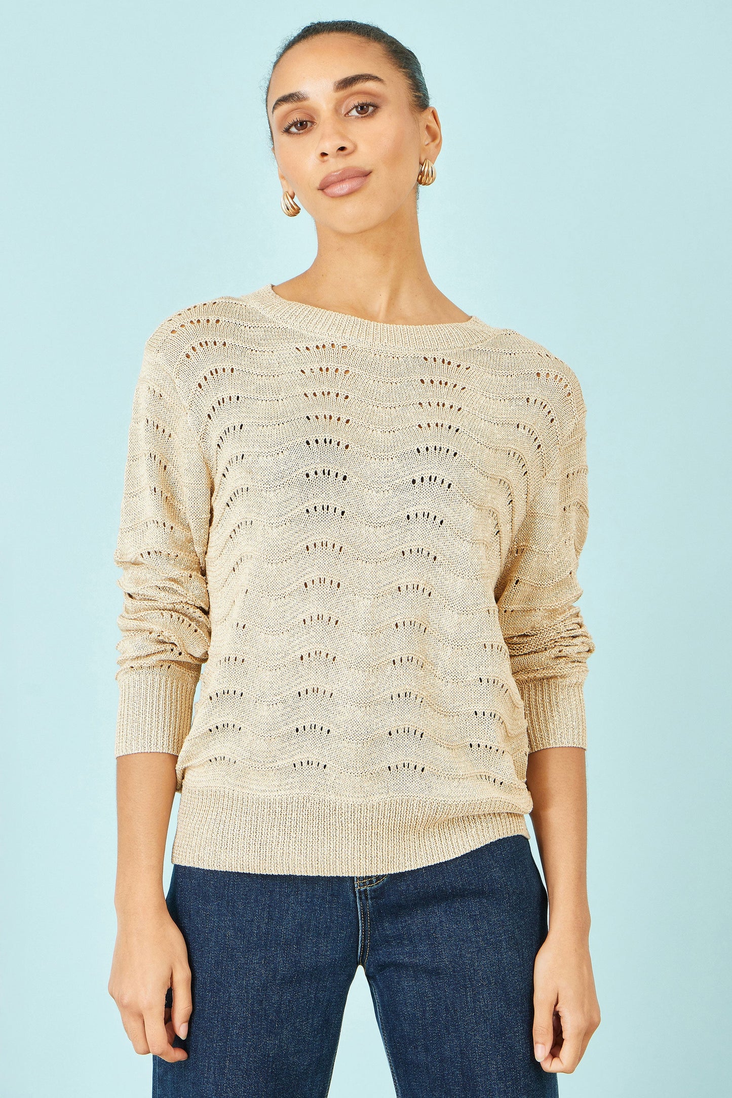 Yumi Beige Wave Metallic Thread Relaxed Jumper