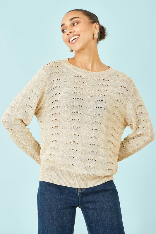 Yumi Beige Wave Metallic Thread Relaxed Jumper