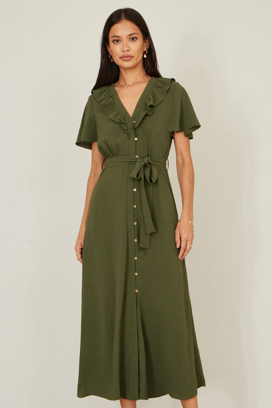 Yumi Green Ruffle Collar Midi Shirt Dress