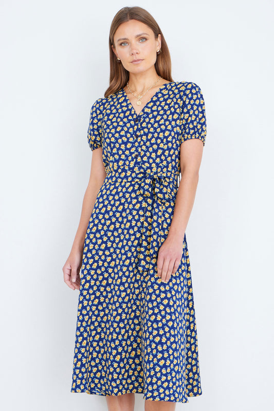 Yumi Navy Floral Midi Shirt Dress