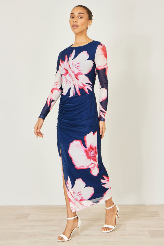Yumi Navy Floral Placement Floral Long Sleeve Mesh Maxi Dress