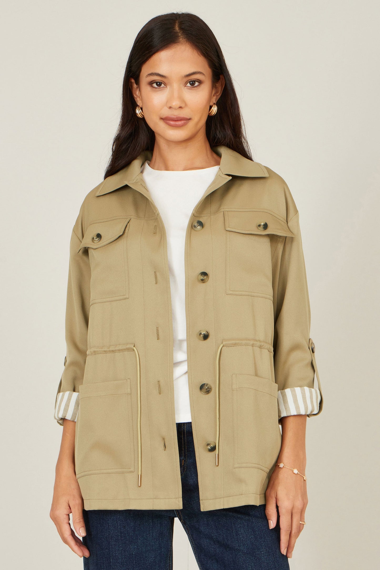 Yumi Green Utility Jacket With Drawstring Waist and Stripe Lining