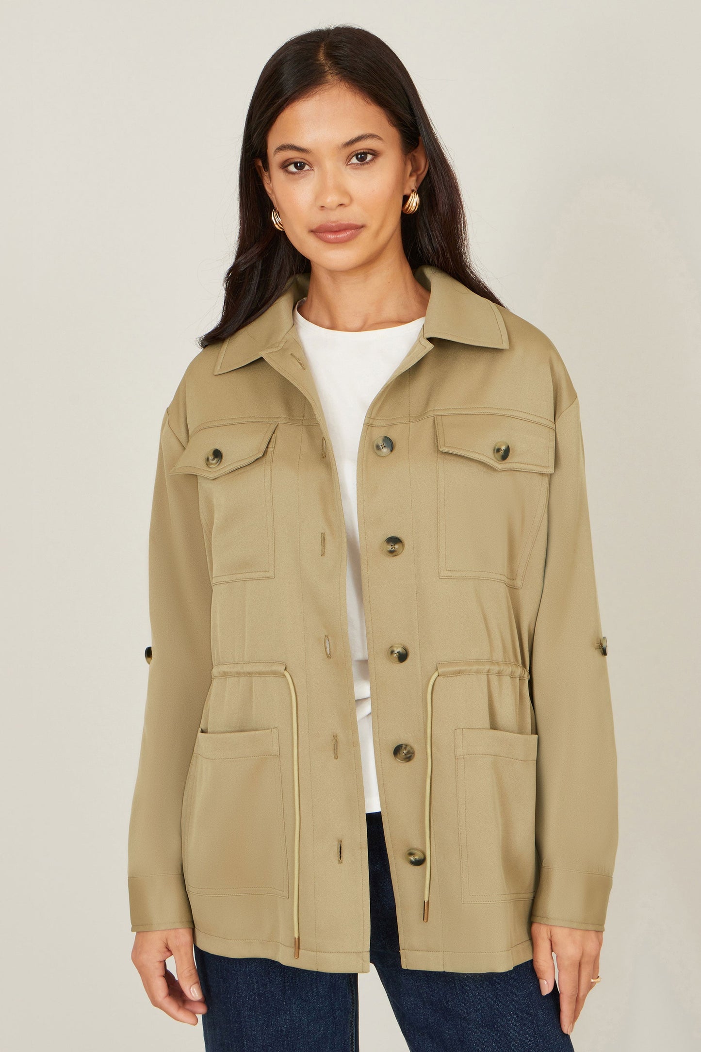 Yumi Green Utility Jacket With Drawstring Waist and Stripe Lining