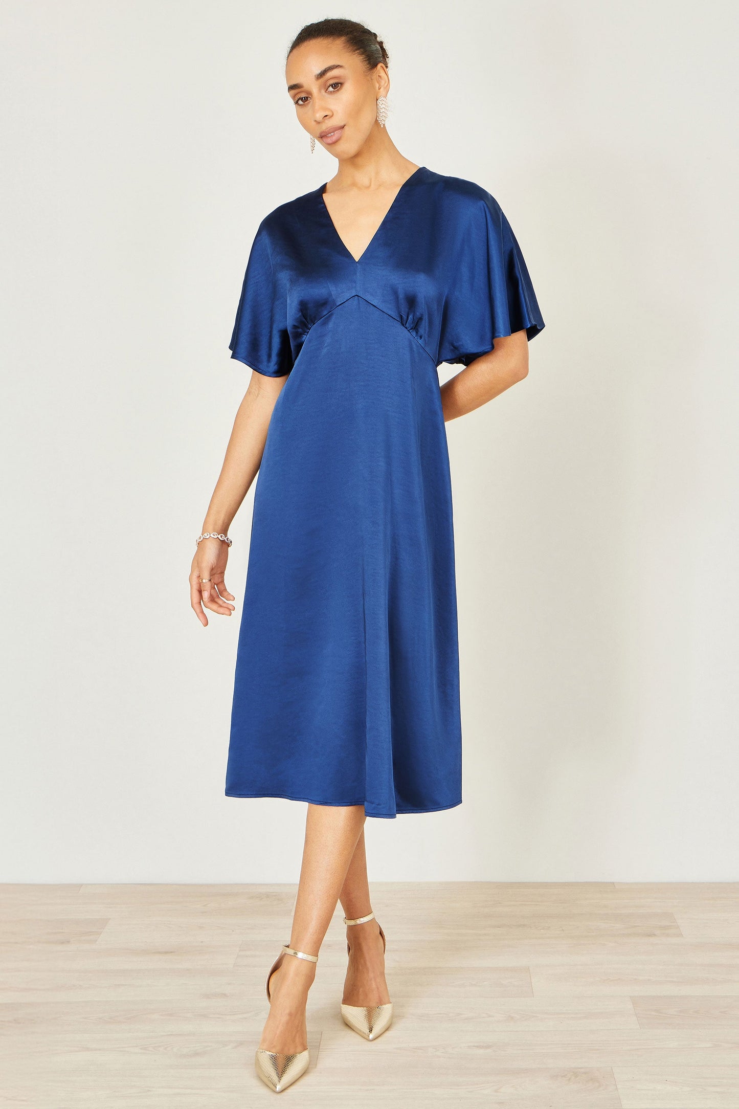 Yumi Navy Satin Midi Kimono Dress
