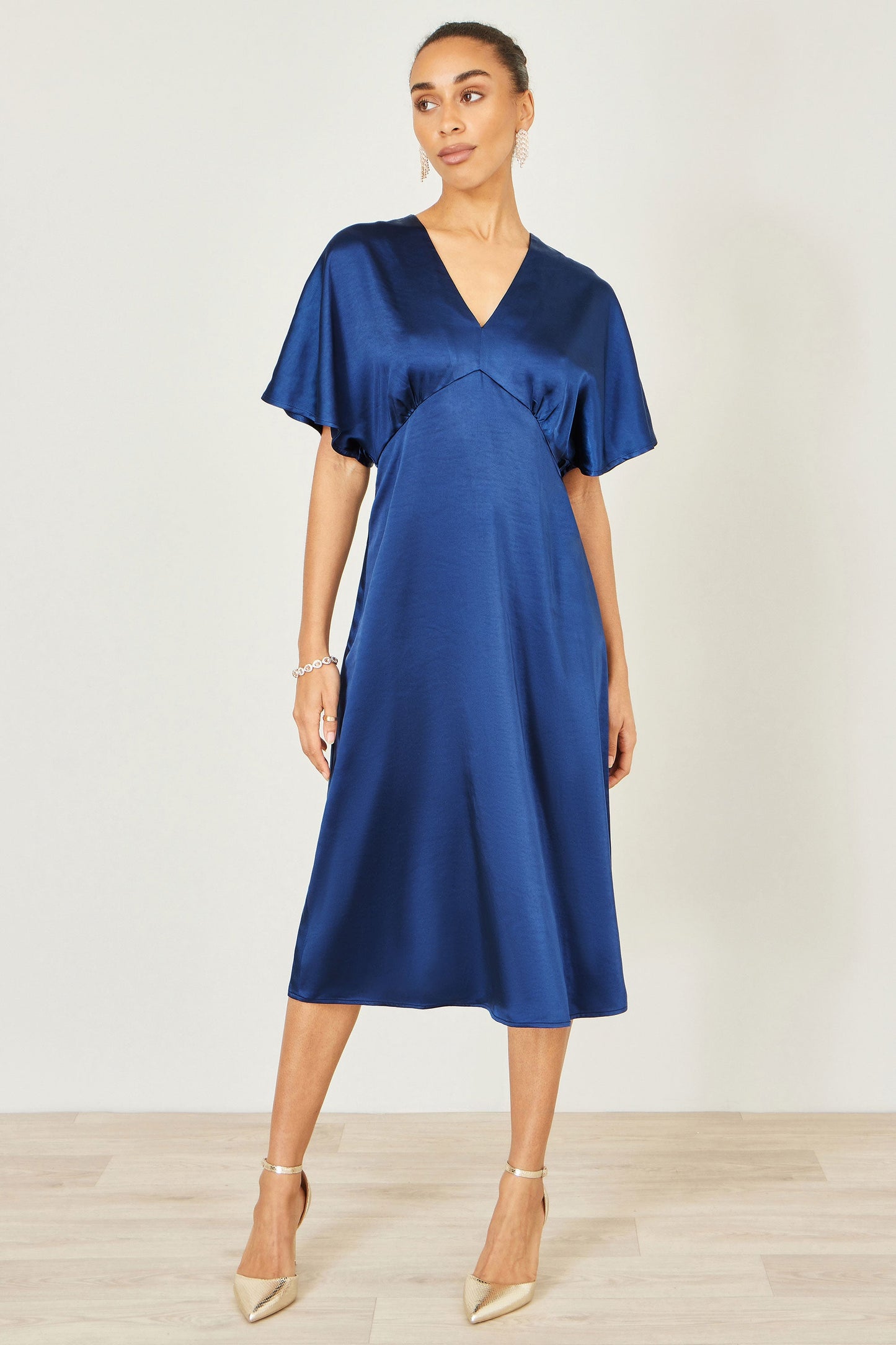 Yumi Navy Satin Midi Kimono Dress