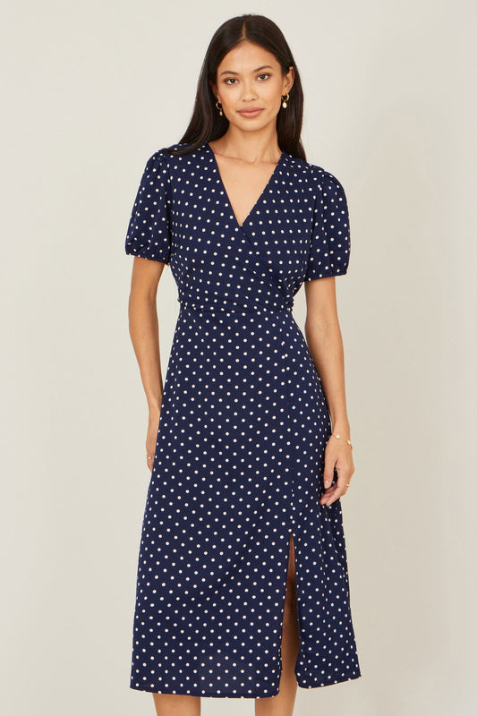 Yumi Navy Spot Wrap Midi Tea Dress