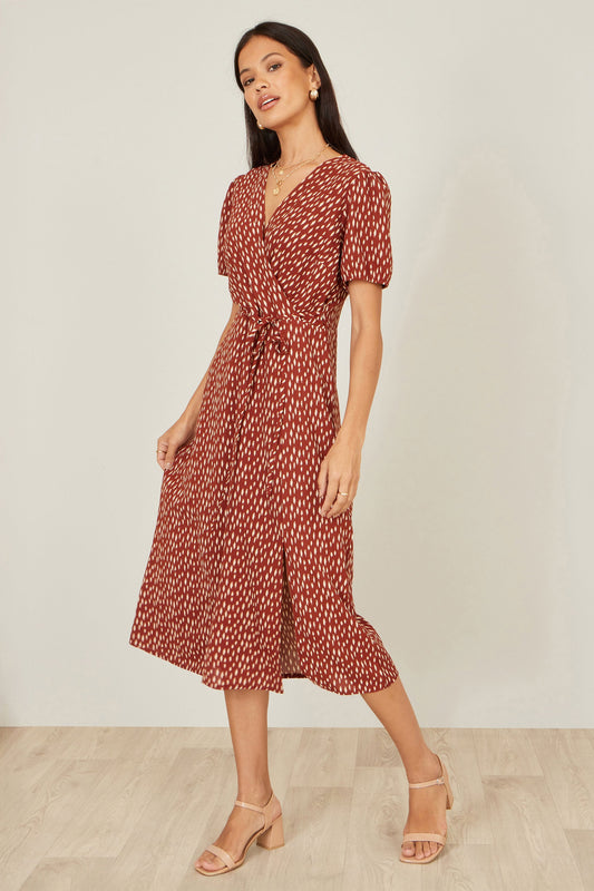 Yumi Brown Spot Wrap Midi Dress