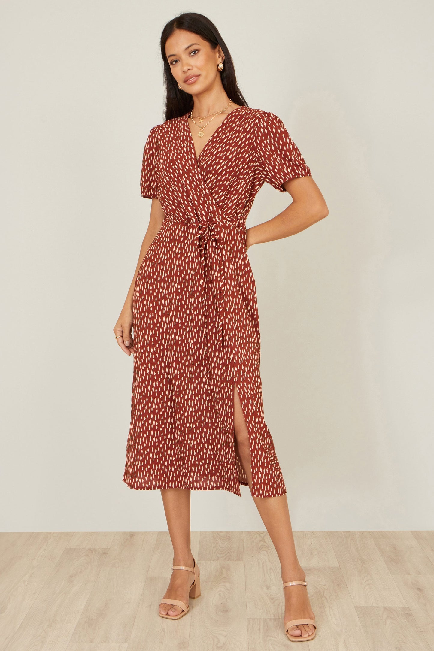 Yumi Brown Spot Wrap Midi Dress
