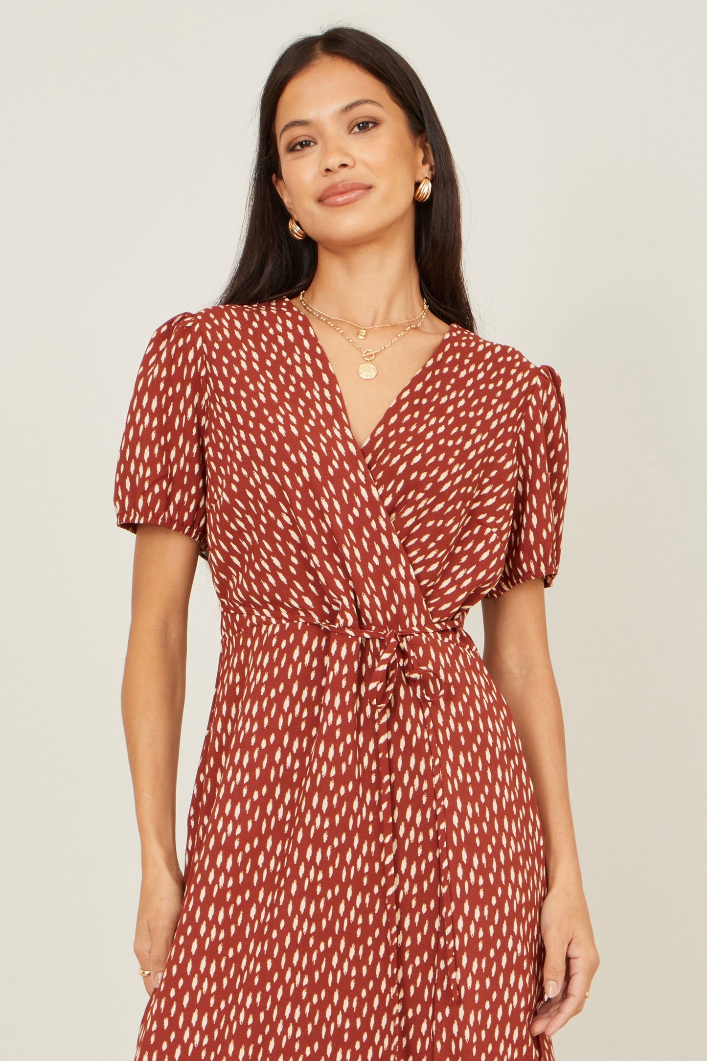 Yumi Brown Spot Wrap Midi Dress
