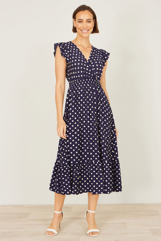 Yumi Navy Spot Ruched Waist Midi Dress