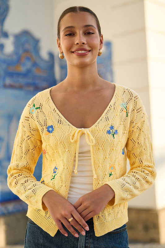 Yumi Butter Yellow Embroidered Pointelle Cardigan