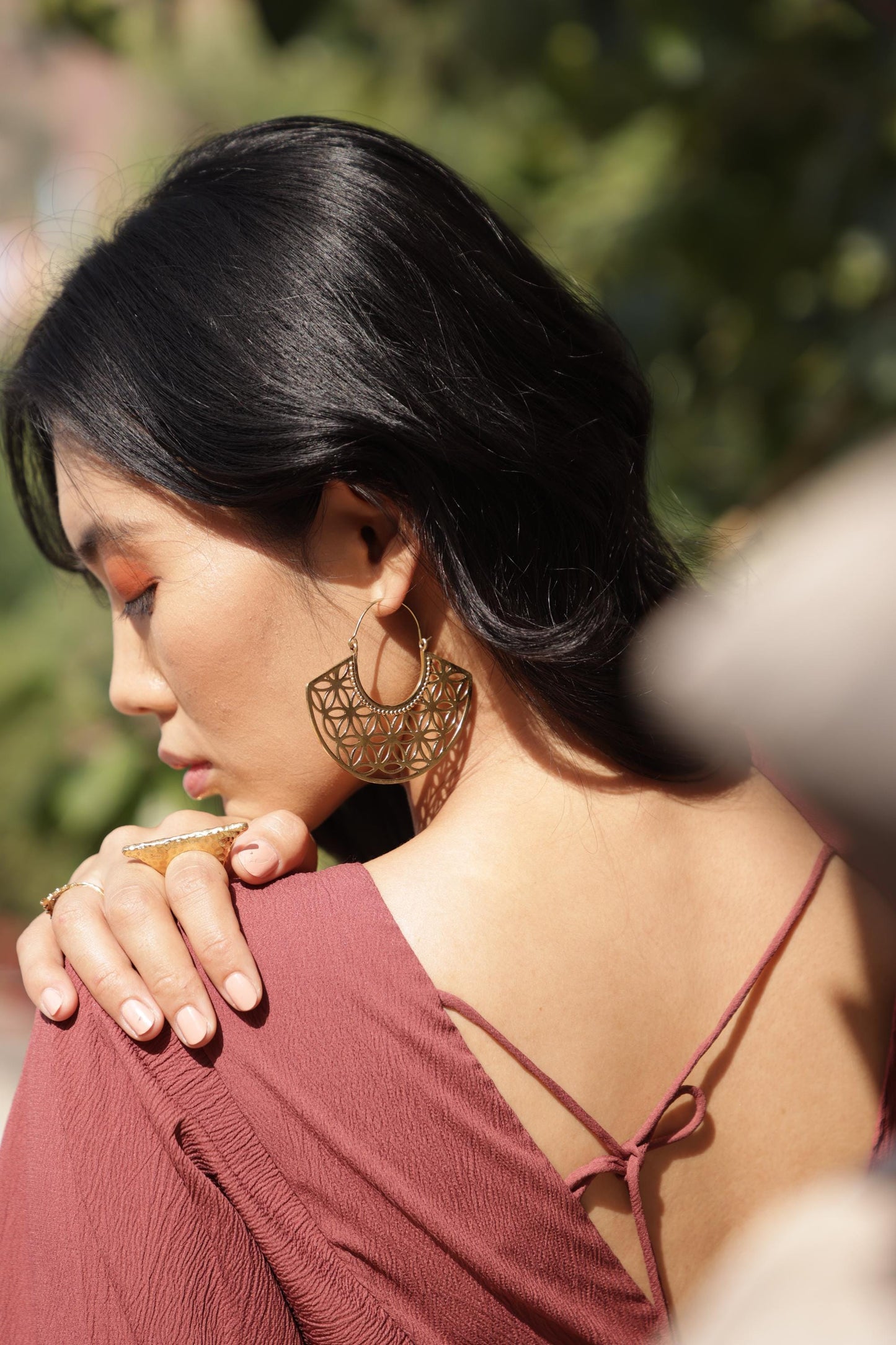 Geometric Petal Hoops – Brass Cutwork Mandala Earrings.