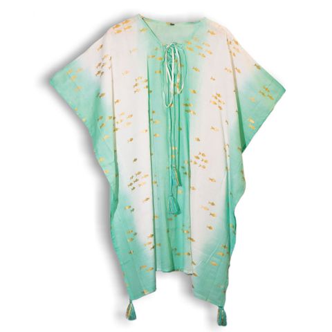 Nomad Sari On the Med Collection - Kaftan - White & Turquoise & Gold Fish Design