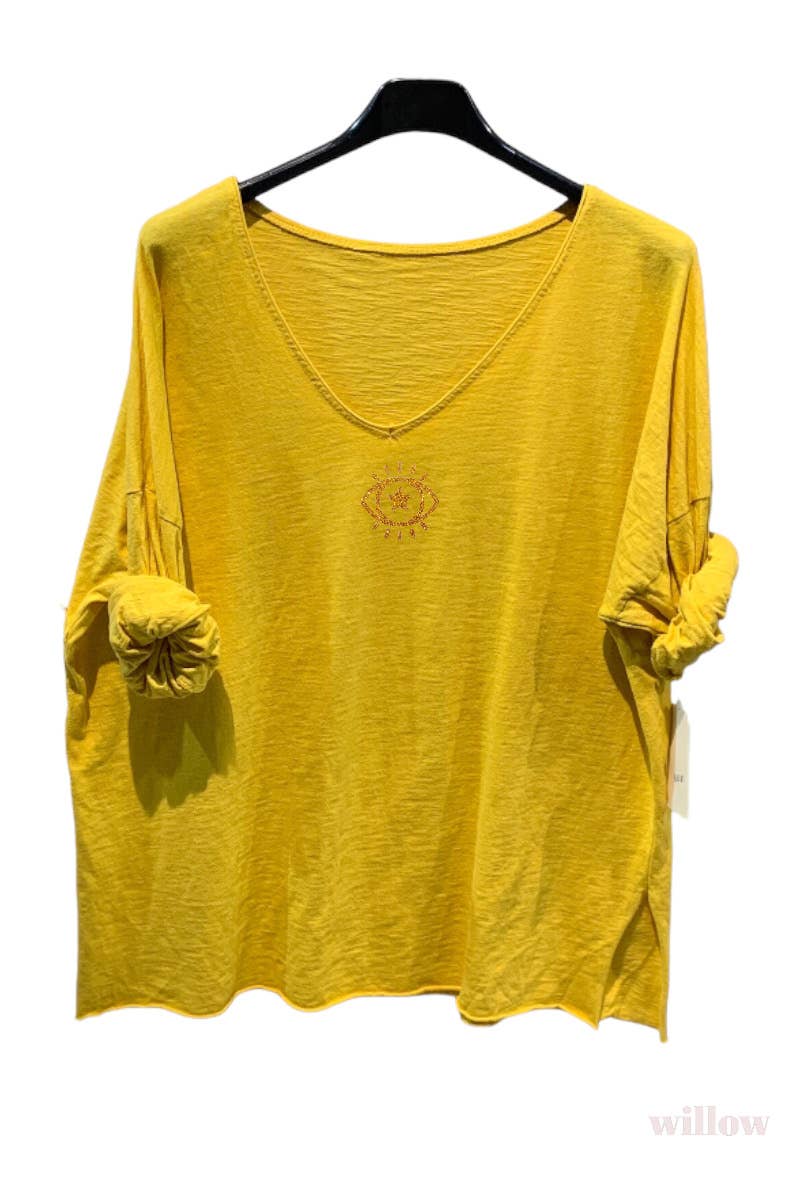 Plain cotton top with long sleeves eye logo: Beige