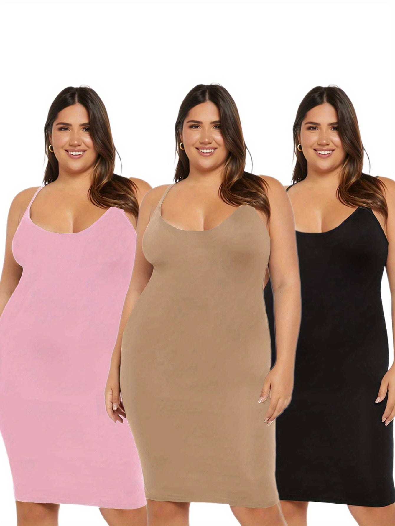 [3 Pack Plus Size Cami Dress] 3 Pack Plus Size Basic Dress Set, Women's Plus Solid Round Neck Medium Stretch Slim Fit Cami Dress Three Piece Set