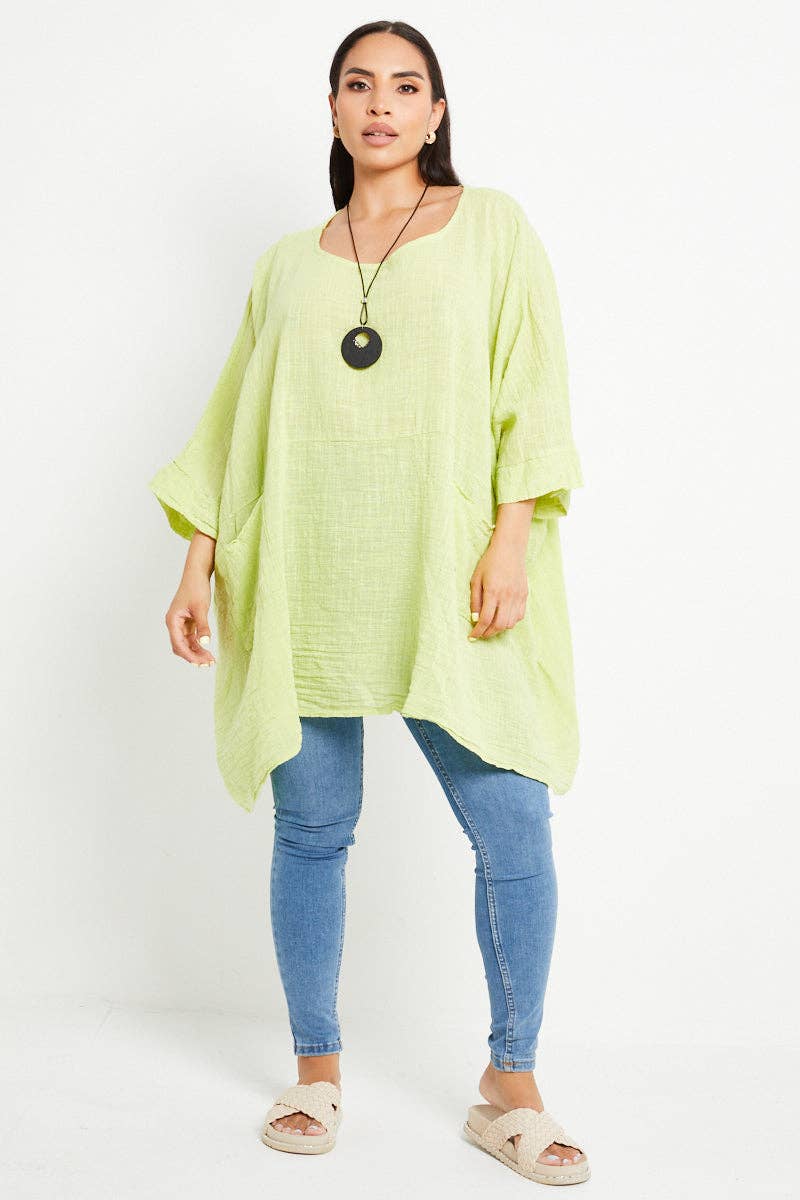 Italian Plain Cotton Necklace Batwing Boxy Top