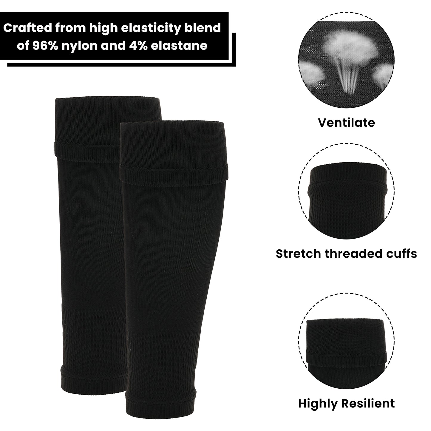 Adults Black Football Leg Sleeve Socks Compression Support Fits Over Shin Pads Breathable & Secure for Training Running by Sock Stack
