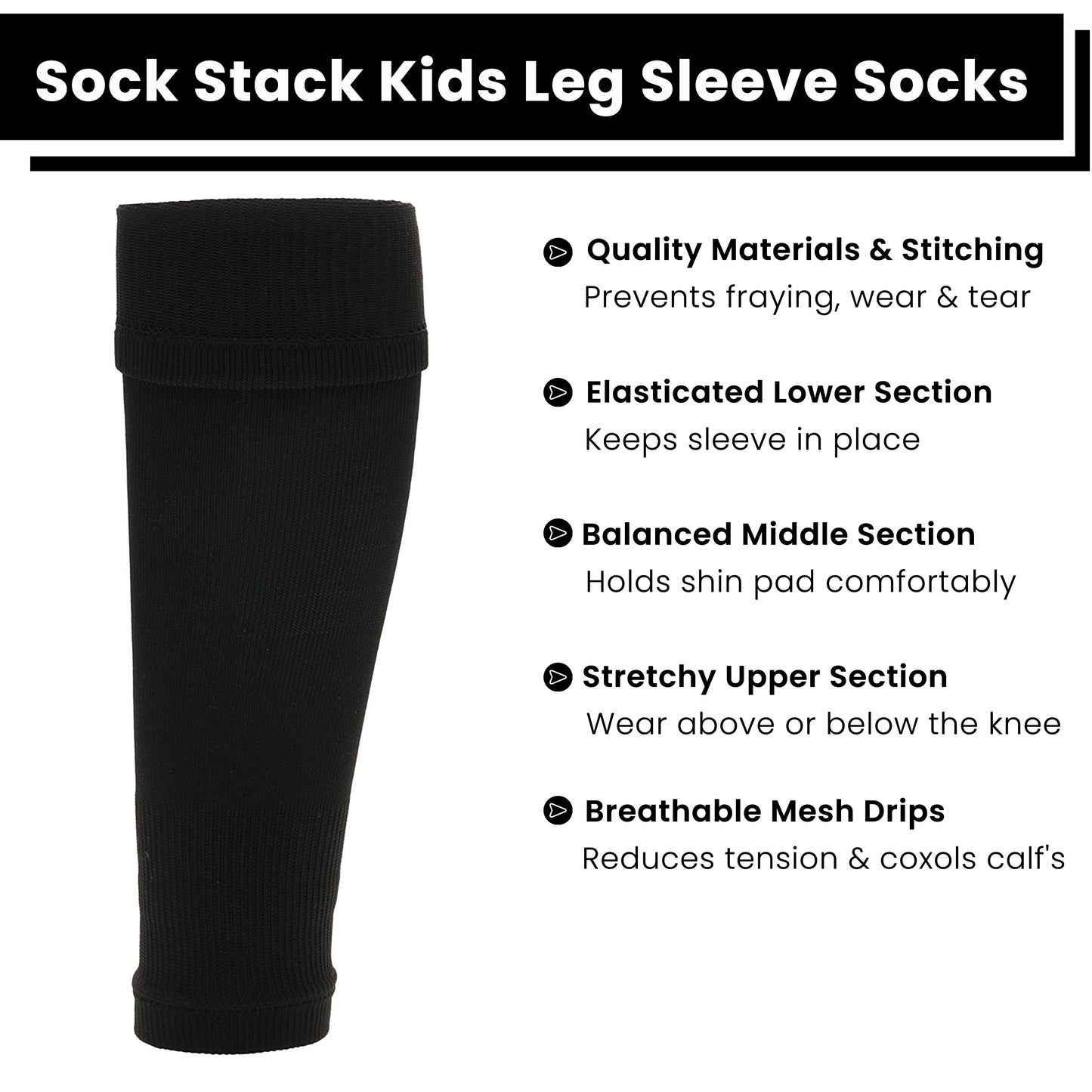 Adults Black Football Leg Sleeve Socks Compression Support Fits Over Shin Pads Breathable & Secure for Training Running by Sock Stack