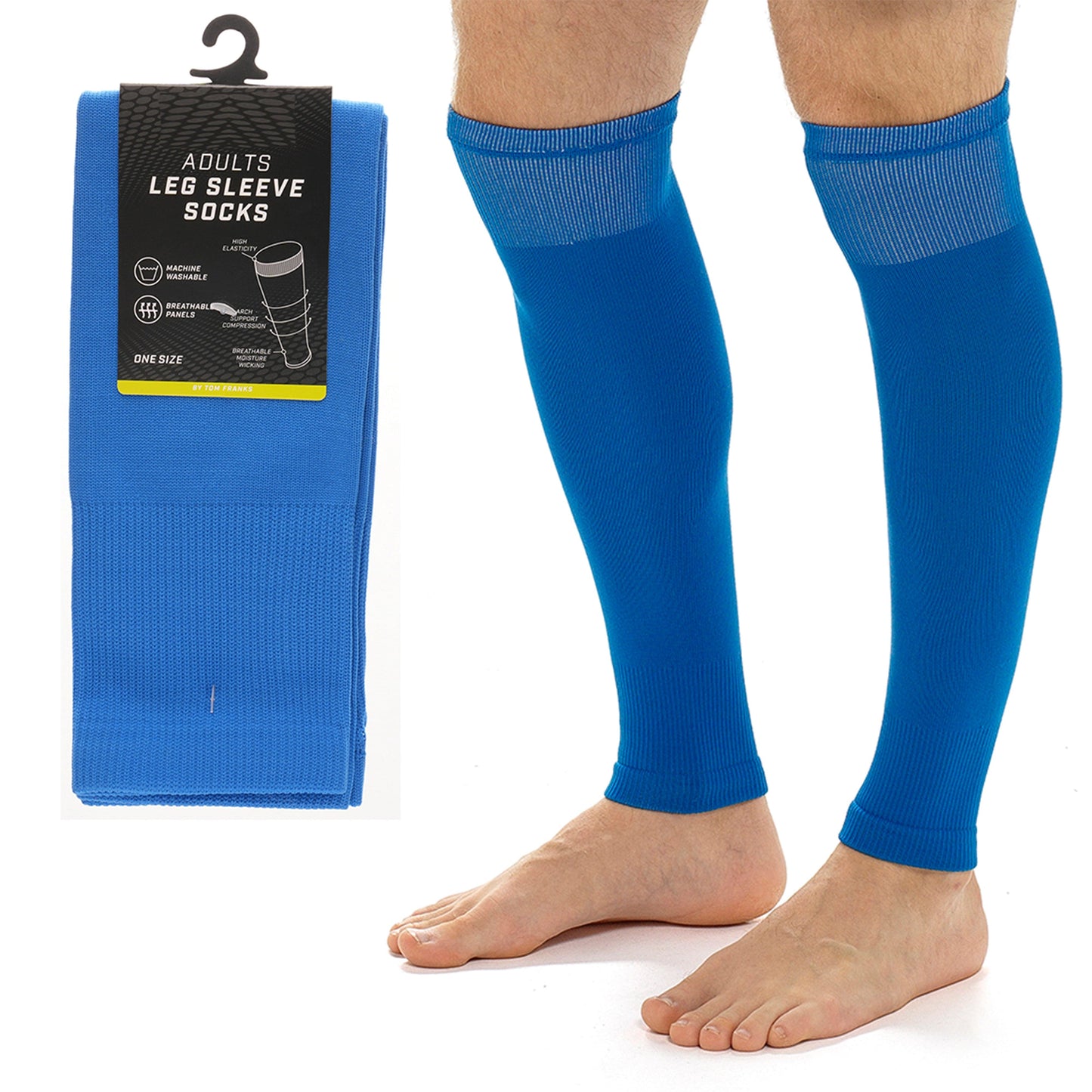 Adults Blue Football Leg Sleeve Socks Compression Support Fits Over Shin Pads Breathable & Secure for Training Running by Sock Stack