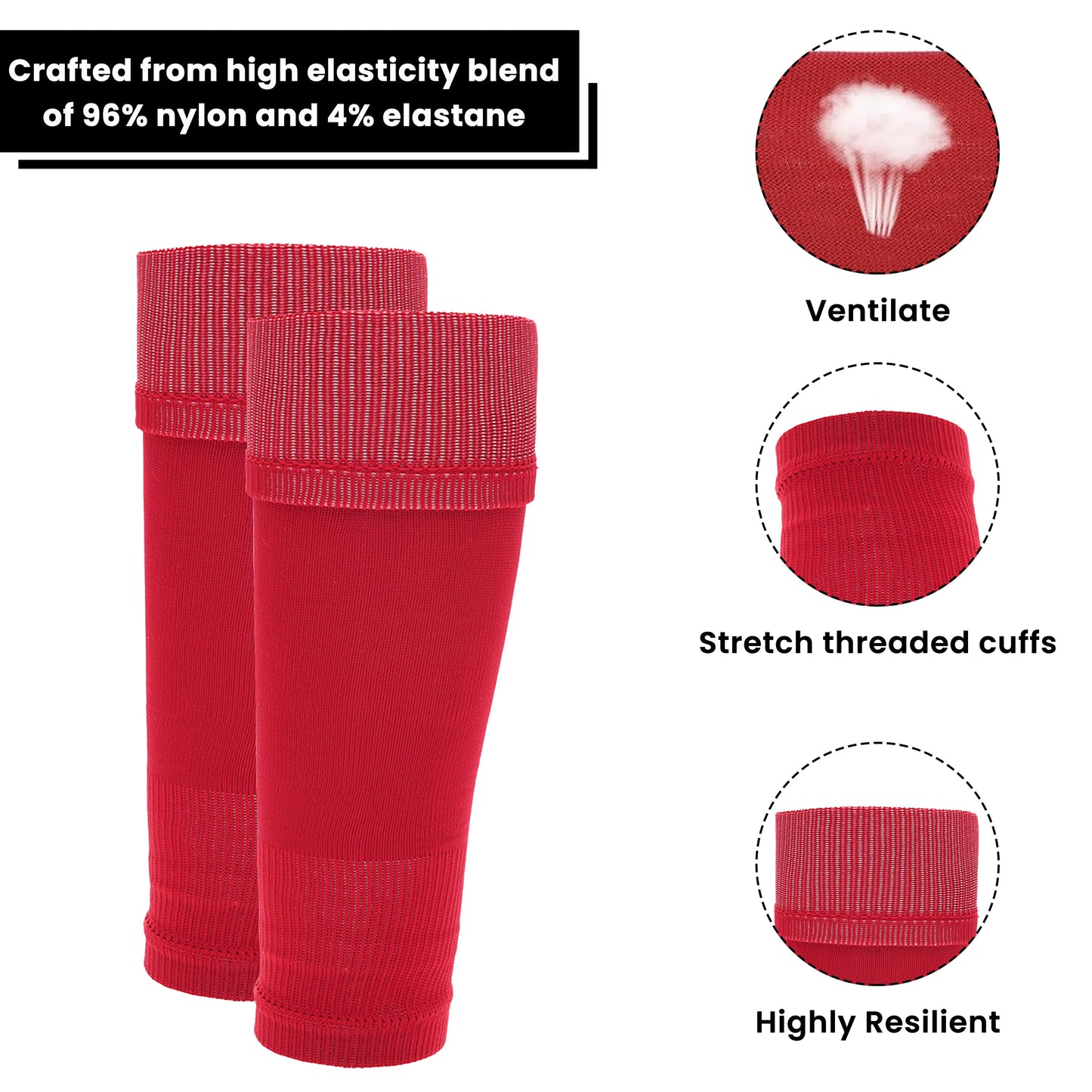 Adults Red Football Leg Sleeve Socks Compression Support Fits Over Shin Pads Breathable & Secure for Training Running by Sock Stack