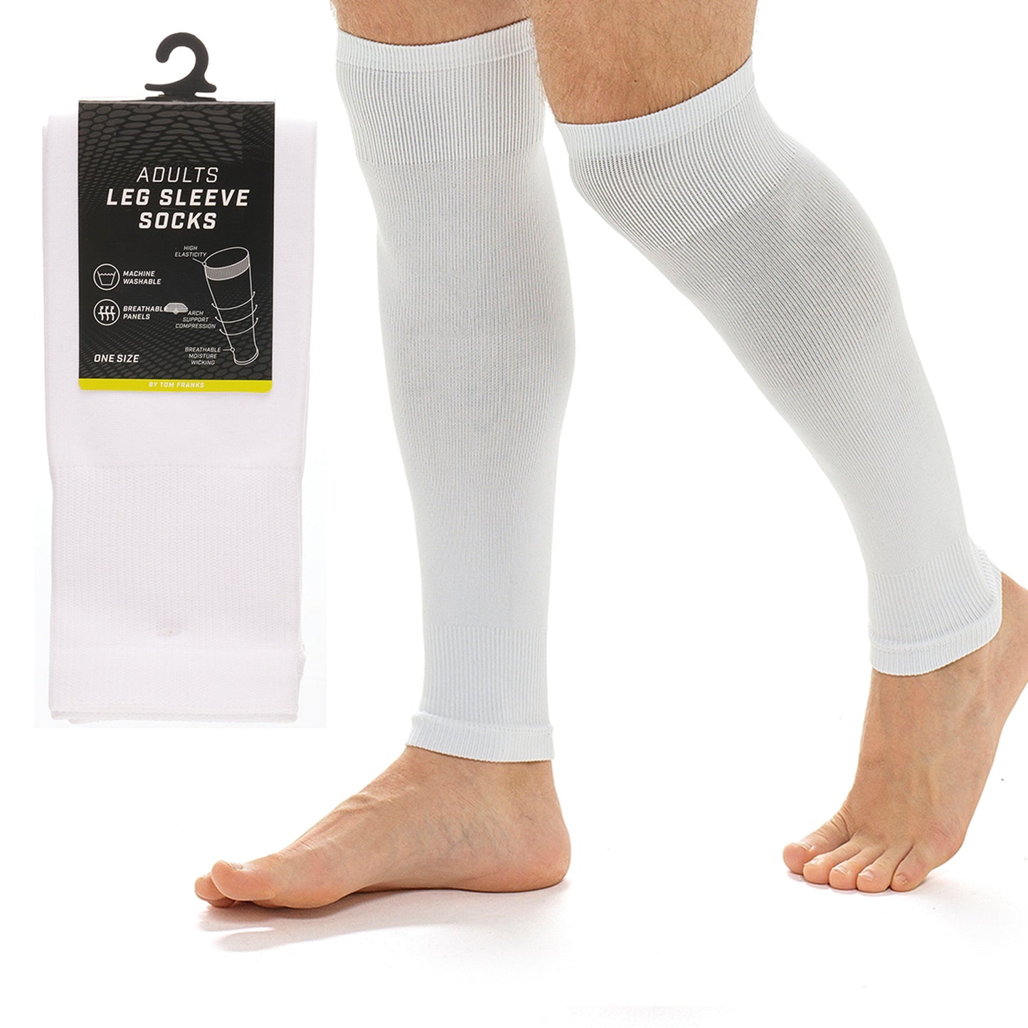 Adults White Football Leg Sleeve Socks Compression Support Fits Over Shin Pads Breathable & Secure for Training Running by Sock Stack