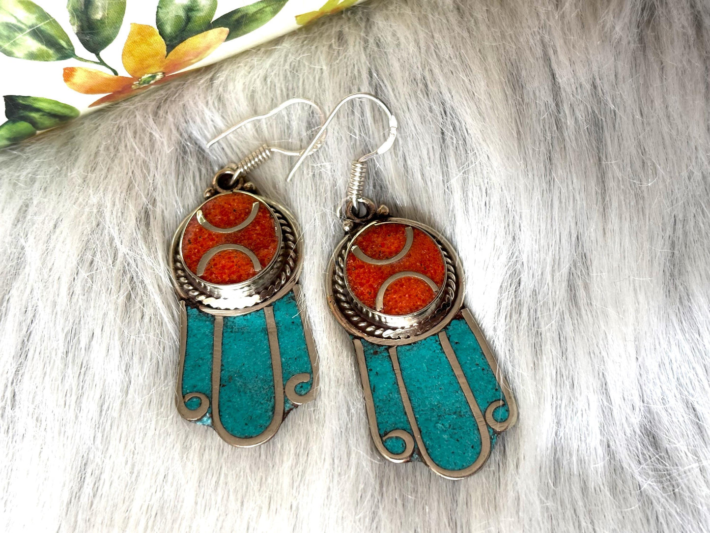 Ethnic Earrings-Nepal Tibet-Natural Stone Jewellery-Silver Stone Earrings.