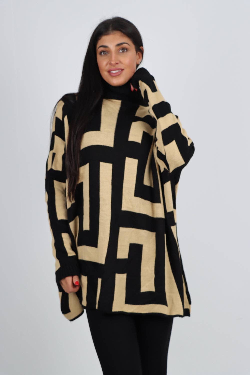 Italian High Neck Fendi Print Knitted Jumper: Khaki / One Size To Fit UK 8-24