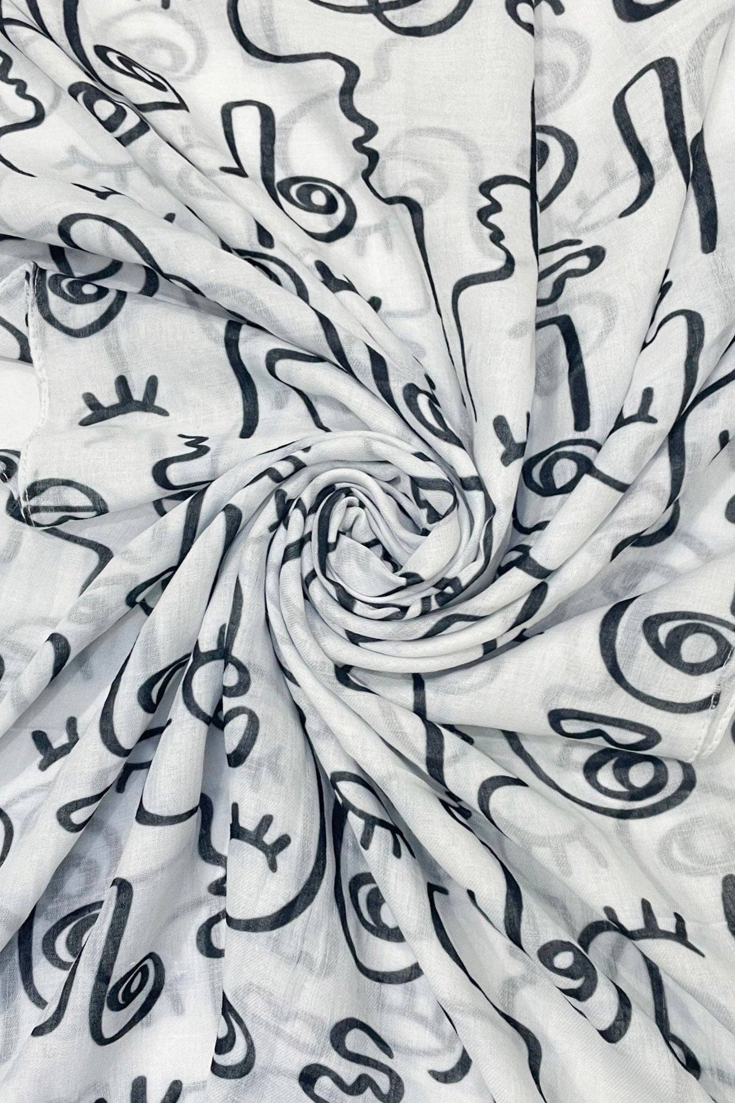 Abstract Face Print Frayed Scarf: White
