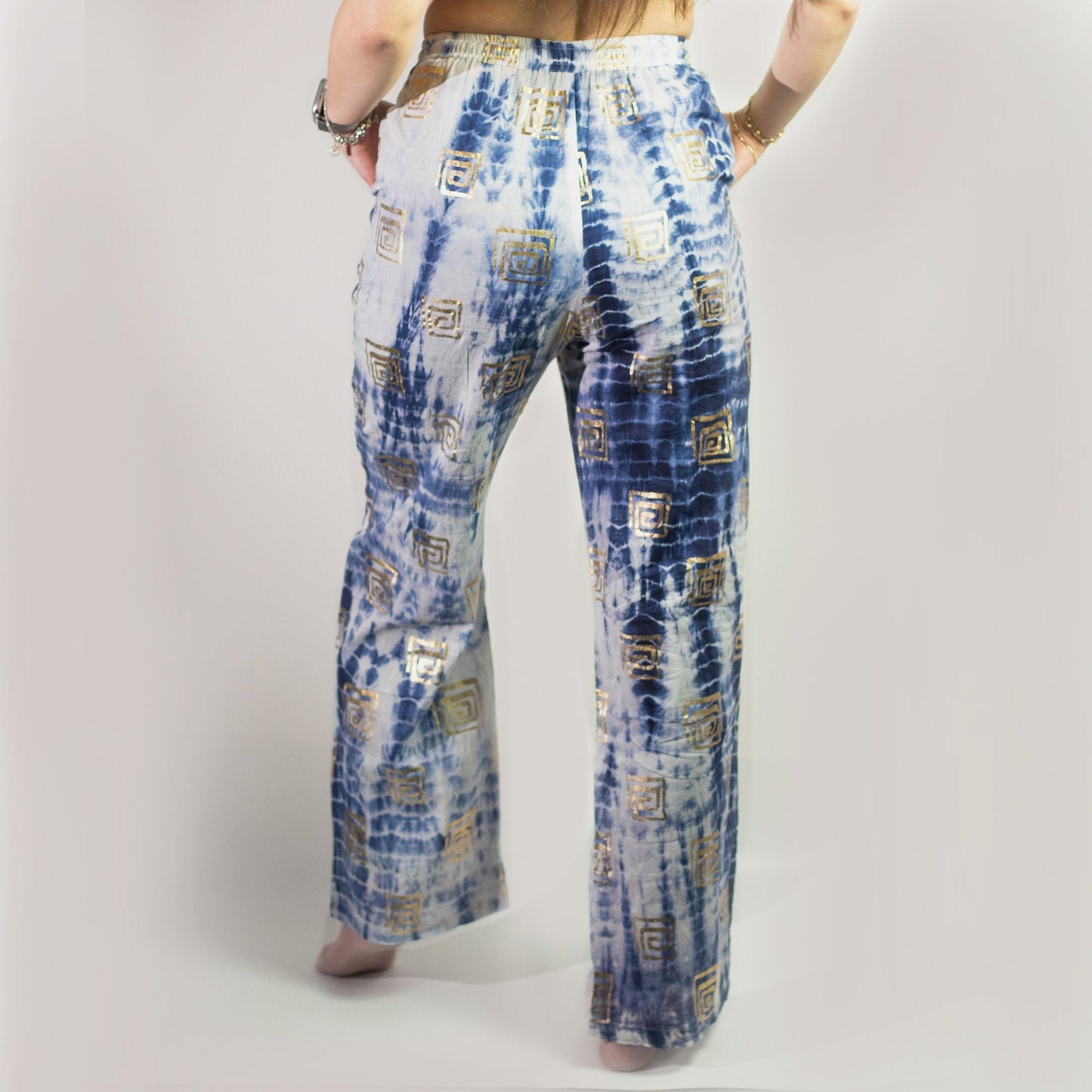 (LXL) Nomad Sari On the Med Collection - Lounge Pants - Gold & Blue Greek Motiff - Handpainted