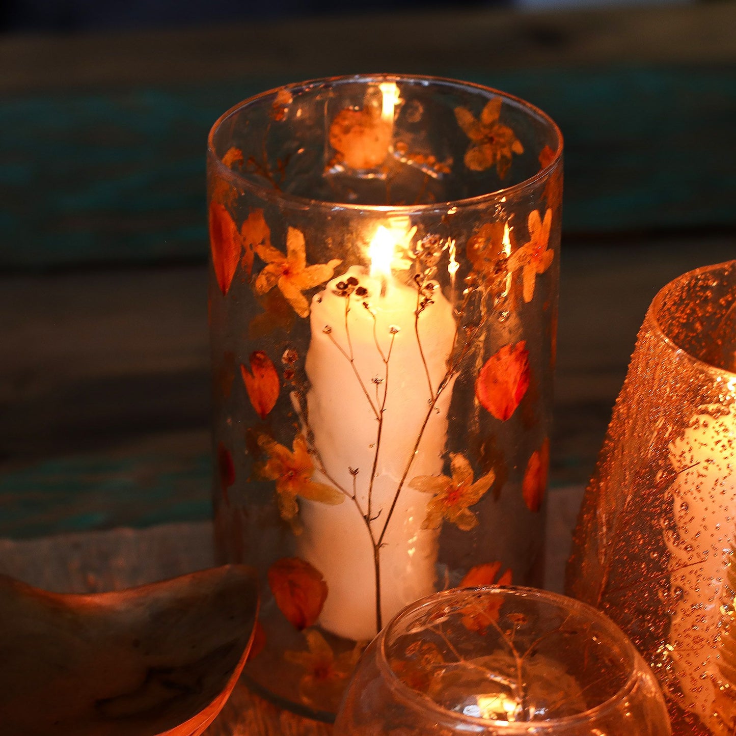 Natural Floral Glass - Tall Vase Candle Holder - Rose - (19x11cm)