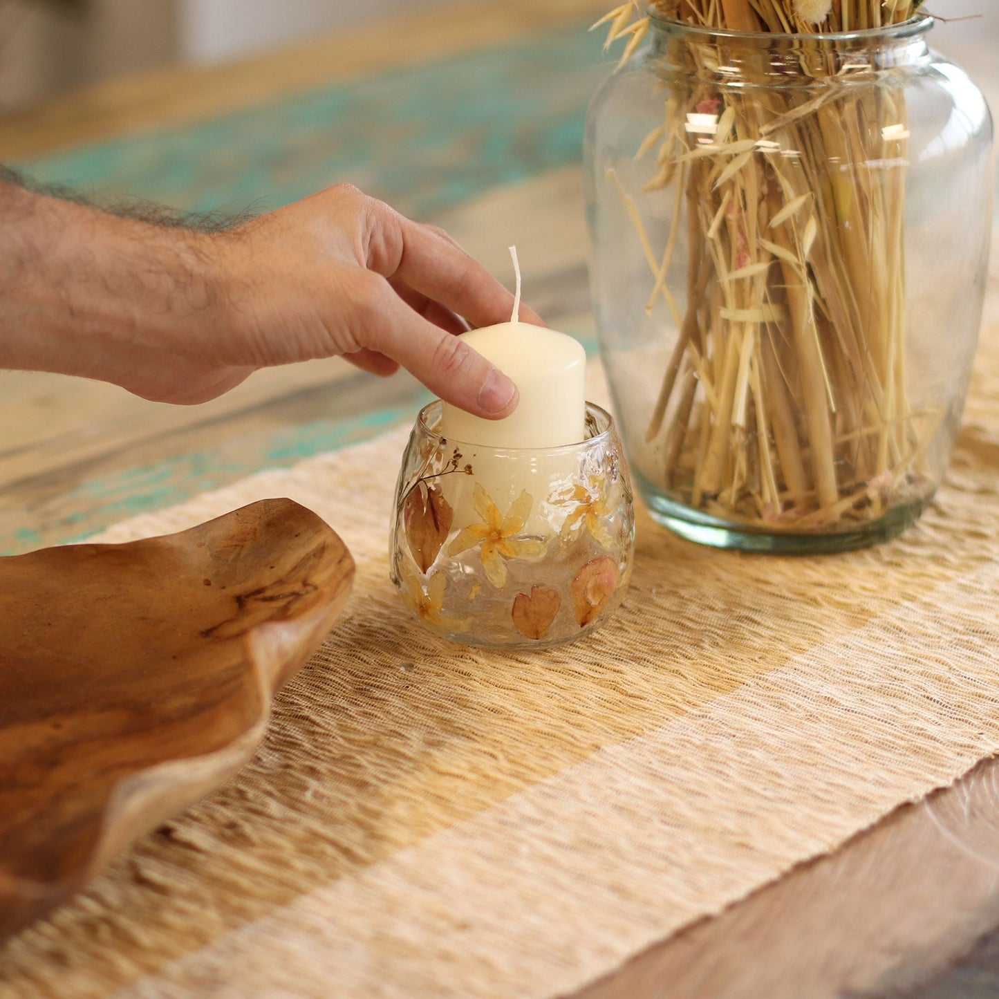 Natural Floral Glass - Straight Candle Holder - Rosa - (8x8cm)