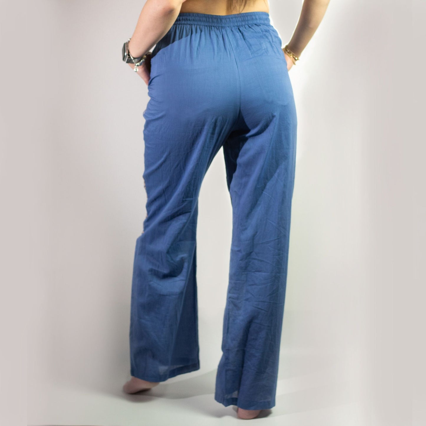 (ML) Nomad Sari On the Med Collection - Lounge Pants - Rich Blue & Gold Hand Painted Evil Eye Design