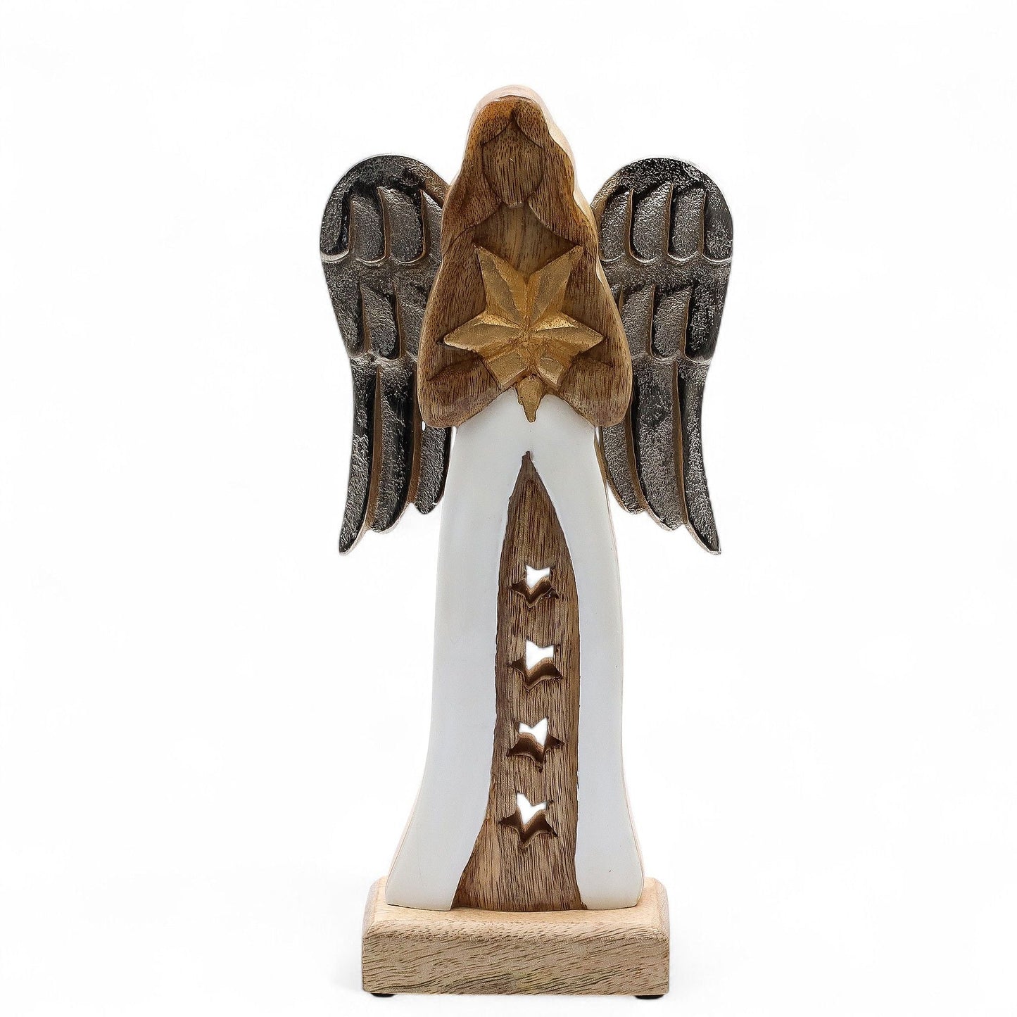 Large Mango Wood Star Angel Metal Wings & Enamel Detail