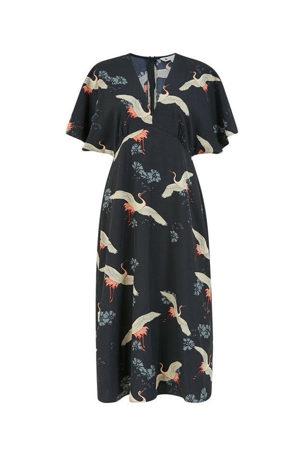 Black Crane Print Kimono Midi Dress