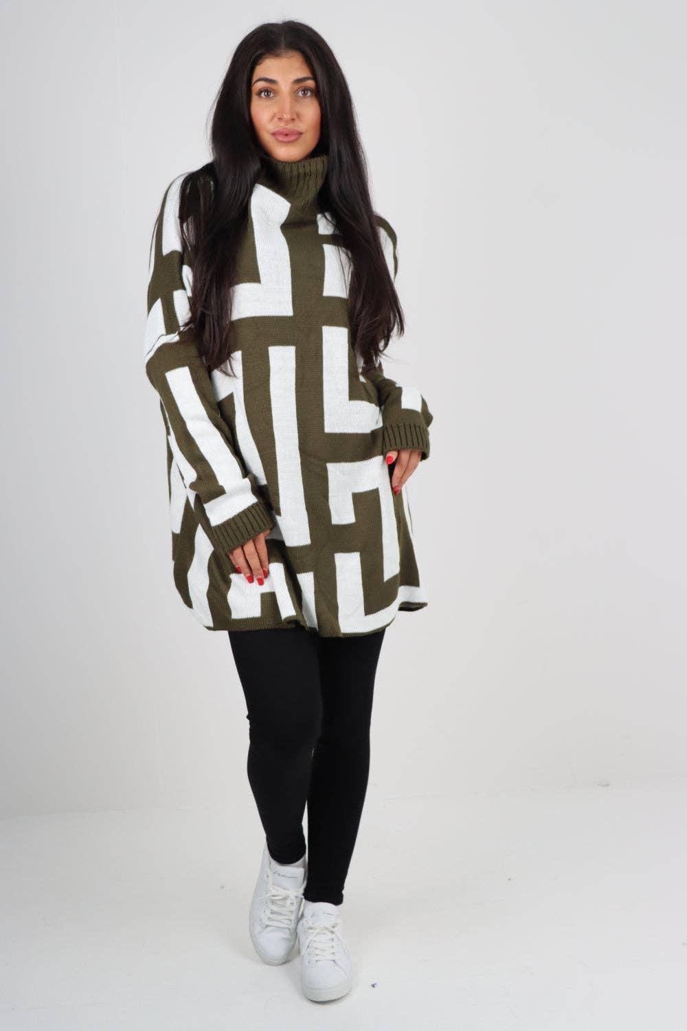 Italian High Neck Fendi Print Knitted Jumper: Khaki / One Size To Fit UK 8-24