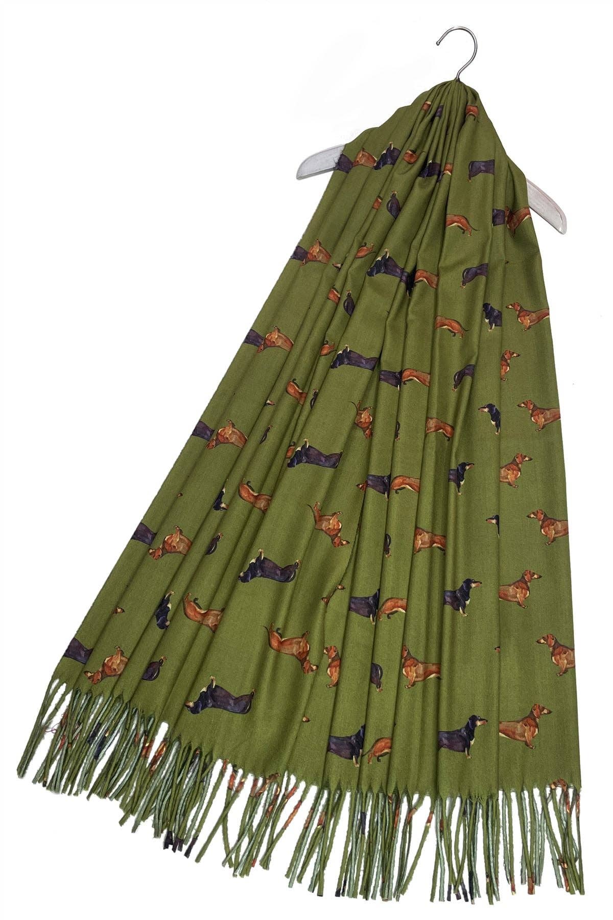 Dachshund Sausage Dog Print Tassel Scarf: Green